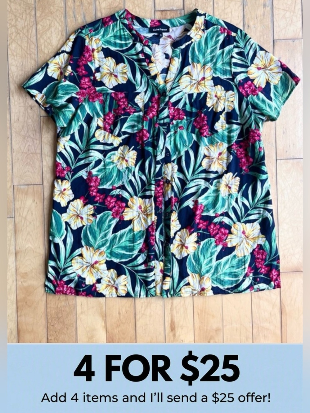 Claire France Tropical Floral Hawaiian Button Front Short Sleeves Blouse Size 16